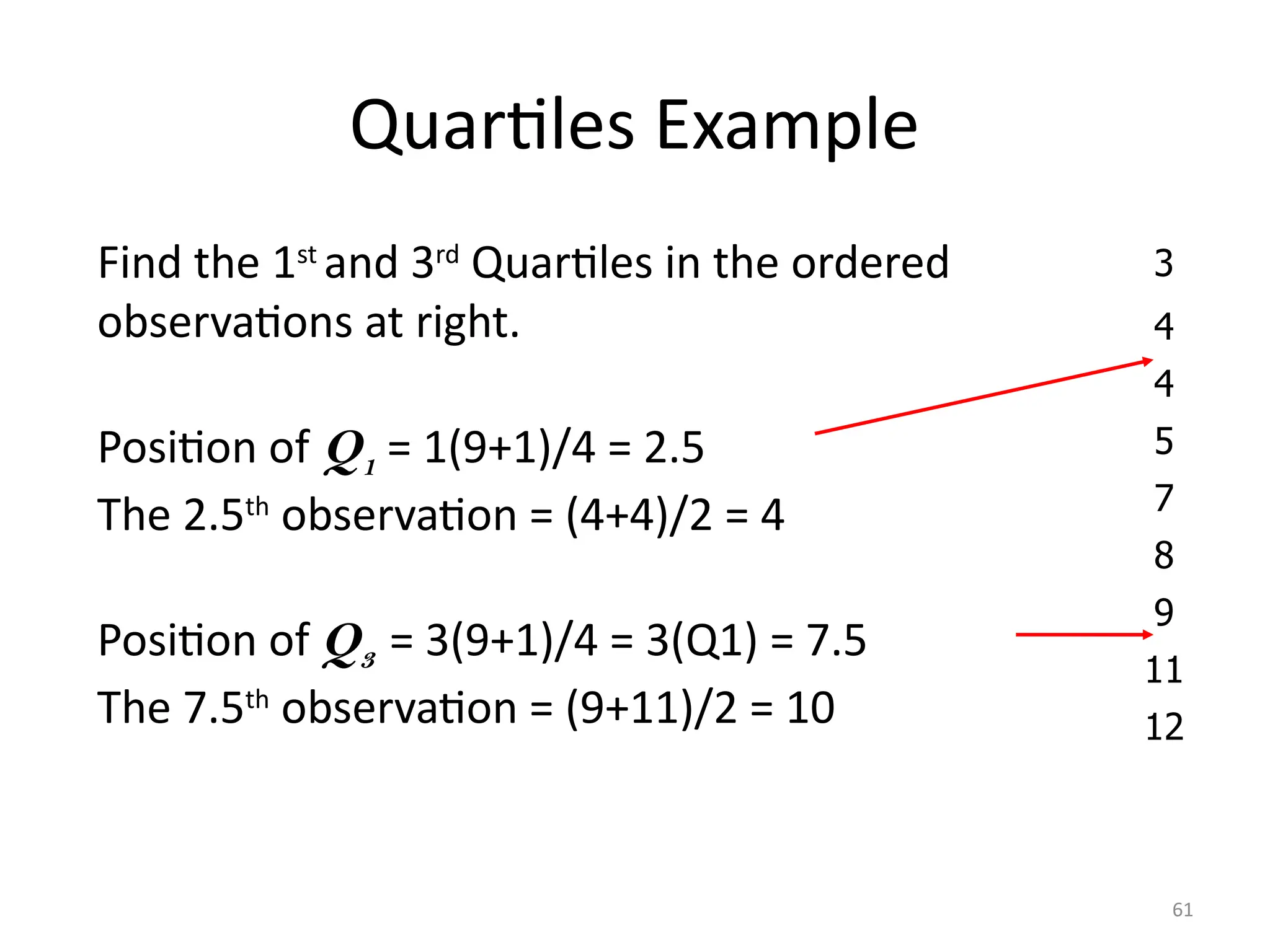 61
Quartiles Example
Find the 1st
and 3rd
Quartiles in the ordered
observations at right.
Position of Q1 = 1(9+1)/4 = 2.5
The 2.5th
observation = (4+4)/2 = 4
Position of Q3 = 3(9+1)/4 = 3(Q1) = 7.5
The 7.5th
observation = (9+11)/2 = 10
3
4
4
5
7
8
9
11
12
 