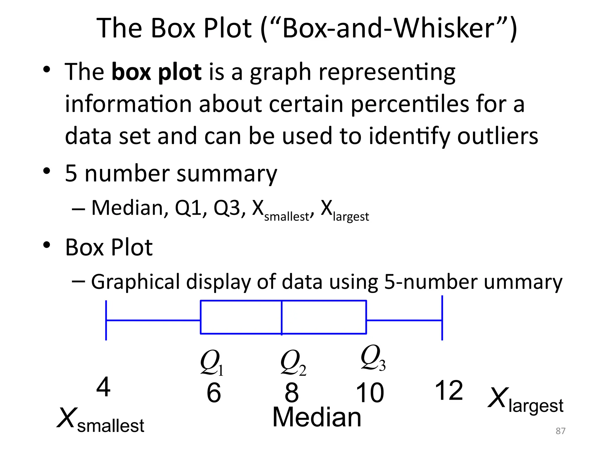 87
The Box Plot (“Box-and-Whisker”)
• The box plot is a graph representing
information about certain percentiles for a
data set and can be used to identify outliers
• 5 number summary
– Median, Q1, Q3, Xsmallest, Xlargest
• Box Plot
– Graphical display of data using 5-number ummary
4 6 8 10 12 Xlargest
Xsmallest
1
Q 3
Q
2
Q
Median
 