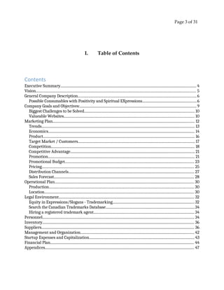 Page 3 of 31
I. Table of Contents
Contents
Executive Summary..................................................................................................................................................... 4
Vision................................................................................................................................................................................ 5
General Company Description.................................................................................................................................. 6
Possible Consumables with Positivity and Spiritual EXpressions............................................................6
Company Goals and Objectives:................................................................................................................................ 9
Biggest Challenges to be Solved......................................................................................................................... 10
Valueable Websites............................................................................................................................................... 10
Marketing Plan............................................................................................................................................................ 12
Trends........................................................................................................................................................................ 13
Economics................................................................................................................................................................. 14
Product...................................................................................................................................................................... 16
Target Market / Customers................................................................................................................................ 17
Competition.............................................................................................................................................................. 18
Competitive Advantage........................................................................................................................................ 21
Promotion................................................................................................................................................................. 21
Promotional Budget.............................................................................................................................................. 23
Pricing....................................................................................................................................................................... 25
Distribution Channels.......................................................................................................................................... 27
Sales Forecast.......................................................................................................................................................... 28
Operational Plan......................................................................................................................................................... 30
Production............................................................................................................................................................... 30
Location.................................................................................................................................................................... 30
Legal Environment..................................................................................................................................................... 32
Equity in Expressions/Slogans - Trademarking..........................................................................................32
Search the Canadian Trademarks Database.................................................................................................34
Hiring a registered trademark agent............................................................................................................... 34
Personnel...................................................................................................................................................................... 34
Inventory....................................................................................................................................................................... 36
Suppliers........................................................................................................................................................................ 36
Management and Organization............................................................................................................................. 42
Startup Expenses and Capitalization...................................................................................................................43
Financial Plan.............................................................................................................................................................. 44
Appendices.................................................................................................................................................................... 47
 