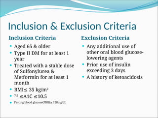 Inclusion & Exclusion Criteria
Inclusion Criteria Exclusion Criteria
 Aged 65 & older
 Type II DM for at least 1
year
 Treated with a stable dose
of Sulfonylurea &
Metformin for at least 1
month
 BMI 35 kg/m
≤ 2
 7.5
A1C 10.5
≤ ≤
 Fasting blood glucose(FBG) 120mg/dL
≥
 Any additional use of
other oral blood glucose-
lowering agents
 Prior use of insulin
exceeding 3 days
 A history of ketoacidosis
 