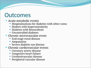 Outcomes
 Acute metabolic events
 Hospitalizations for diabetes with other coma
 Diabtes with hyperosmolarity
 Diabetes with ketoacidosis
 Uncontrolled diabetes
 Chronic microvascular event
 End-stage renal disease
 Amputation
 Severe diabetic eye disease
 Chronic cardiovascular events
 Coronary artery disease
 Congestive heart failure
 Cerebralvascular disease
 Peripheral vascular disease
 