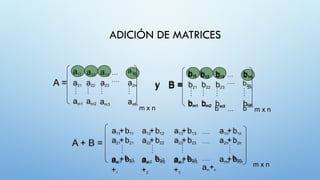 m x n
a1n
…
….
y B =
mn
m x n
b11 b1n
b b13
b2n
b b
m1 m2
b … b
m3
…
….
m x n
….
….
12
bm1
am
+1
….
am+n
bm2
am
+2
bm3
am
+3
bmn
ADICIÓN DE MATRICES
 