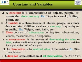 Larson & Farber, Elementary Statistics: Picturing the World, 3e 23
Constant and Variables
❑ A constant is a characteristic of objects, people, or
events that does not vary. Ex. Days in a week, Boiling
point, etc.
❑ A variable is a characteristic of objects, people, or events
that can take of different values or can vary in quantity or
in quality. Ex. Weight, rank, habit, etc.
❑ A measurement is the process of determining the value or
label, either qualitative or quantitative of a particular variable
for a particular unit of analysis.
❑ A data set is the collection of all observation. (Ex. 5’4”, 5’7”)
❑ Data consists of information coming from observations,
counts, measurements, or responses.
❑ An observation is the realized value of the variable. Ex. Skin
complexion
 
