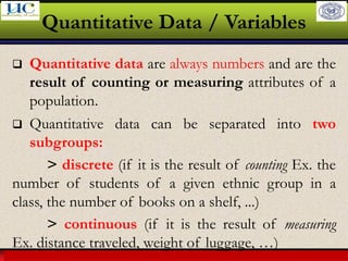 Larson & Farber, Elementary Statistics: Picturing the World, 3e 27
Quantitative Data / Variables
❑ Quantitative data are always numbers and are the
result of counting or measuring attributes of a
population.
❑ Quantitative data can be separated into two
subgroups:
> discrete (if it is the result of counting Ex. the
number of students of a given ethnic group in a
class, the number of books on a shelf, ...)
> continuous (if it is the result of measuring
Ex. distance traveled, weight of luggage, …)
 