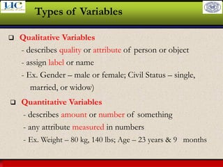 Larson & Farber, Elementary Statistics: Picturing the World, 3e 28
Types of Variables
❑ Qualitative Variables
- describes quality or attribute of person or object
- assign label or name
- Ex. Gender – male or female; Civil Status – single,
married, or widow)
❑ Quantitative Variables
- describes amount or number of something
- any attribute measured in numbers
- Ex. Weight – 80 kg, 140 lbs; Age – 23 years & 9 months
 