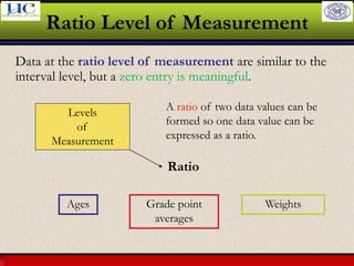 Larson & Farber, Elementary Statistics: Picturing the World, 3e 34
Ratio Level of Measurement
Data at the ratio level of measurement are similar to the
interval level, but a zero entry is meaningful.
Levels
of
Measurement
A ratio of two data values can be
formed so one data value can be
expressed as a ratio.
Ages Grade point
averages
Ratio
Weights
 