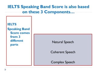 IELTS Speaking Band Score is also based
on these 3 Components…
IELTS
Speaking Band
Score comes
from 3
different
parts
Natural Speech
Coherent Speech
Complex Speech
 