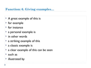 Function: 6. Giving examples…
 A great example of this is
 for example
 for instance
 a personal example is
 in other words
 a striking example of this
 a classic example is
 a clear example of this can be seen
 such as
 illustrated by
 