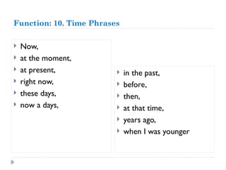Function: 10. Time Phrases
 Now,
 at the moment,
 at present,
 right now,
 these days,
 now a days,
 in the past,
 before,
 then,
 at that time,
 years ago,
 when I was younger
 