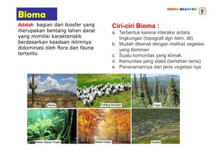 Bioma
Adalah bagian dari biosfer yang
merupakan bentang lahan darat
yang mimiliki karakteristik
berdasarkan keadaan iklimnya
didominasi oleh flora dan fauna
tertentu
Ciri-ciri Bioma :
a. Terbentuk karena interaksi antara
lingkungan (topografi dgn iklim, dll)
b. Mudah dikenali dengan melihat vegetasi
yang dominan
c. Suatu komunitas yang klimak.
d. Kemunitas yang stabil (bertahan lama)
e. Penanamannya dari jenis vegetasi nya
 