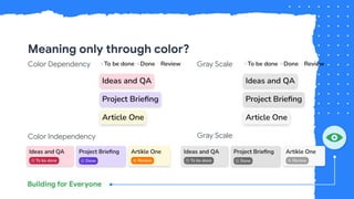 Meaning only through color?
Color Dependency Gray Scale
Color Independency Gray Scale
 