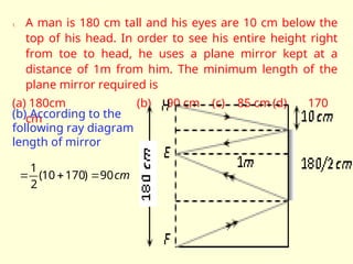 1. A man is 180 cm tall and his eyes are 10 cm below the
top of his head. In order to see his entire height right
from toe to head, he uses a plane mirror kept at a
distance of 1m from him. The minimum length of the
plane mirror required is
(a) 180cm (b) 90 cm (c) 85 cm (d) 170
cm
(b) According to the
following ray diagram
length of mirror
cm
90
)
170
10
(
2
1



 