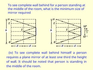 (iv) To see complete wall behind himself a person
requires a plane mirror of at least one third the height
of wall. It should be noted that person is standing in
the middle of the room.
3
To see complete wall behind for a person standing at
the middle of the room, what is the minimum size of
mirror required
 