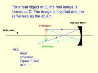 For a real object at C, the real image is
formed at C. The image is inverted and the
same size as the object.
At C
Real
Inverted
Equal in size
m = – 1
 
