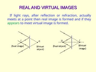 REAL AND VIRTUAL IMAGES
REAL AND VIRTUAL IMAGES
If light rays, after reflection or refraction, actually
meets at a point then real image is formed and if they
appears to meet virtual image is formed.
 