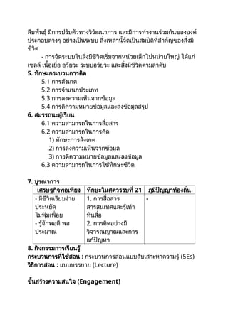สืบพันธุ์ มีการปรับตัวทางวิวัฒนาการ และมีการทำงานร่วมกันขององค์
ประกอบต่างๆ อย่างเป็นระบบ สิ่งเหล่านี้จัดเป็นสมบัติที่สำคัญของสิ่งมี
ชีวิต
- การจัดระบบในสิ่งมีชีวิตเริ่มจากหน่วยเล็กไปหน่วยใหญ่ ได้แก่
เซลล์ เนื้อเยื่อ อวัยวะ ระบบอวัยวะ และสิ่งมีชีวิตตามลำดับ
5. ทักษะกระบวนการคิด
5.1 การสังเกต
5.2 การจำแนกประเภท
5.3 การลงความเห็นจากข้อมูล
5.4 การตีความหมายข้อมูลและลงข้อมูลสรุป
6. สมรรถนะผู้เรียน
6.1 ความสามารถในการสื่อสาร
6.2 ความสามารถในการคิด
1) ทักษะการสังเกต
2) การลงความเห็นจากข้อมูล
3) การตีความหมายข้อมูลและลงข้อมูล
6.3 ความสามารถในการใช้ทักษะชีวิต
7. บูรณาการ
8. กิจกรรมการเรียนรู้
กระบวนการที่ใช้สอน : กระบวนการสอนแบบสืบเสาะหาความรู้ (5Es)
วิธีการสอน : แบบบรรยาย (Lecture)
ขั้นสร้างความสนใจ (Engagement)
เศรษฐกิจพอเพียง ทักษะในศตวรรษที่ 21 ภูมิปัญญาท้องถิ่น
- มีชีวิตเรียบง่าย
ประหยัด
ไม่ฟุ่มเฟื่อย
- รู้จักพอดี พอ
ประมาณ
1. การสื่อสาร
สารสนเทศและรู้เท่า
ทันสื่อ
2. การคิดอย่างมี
วิจารณญาณและการ
แก้ปัญหา
-
 