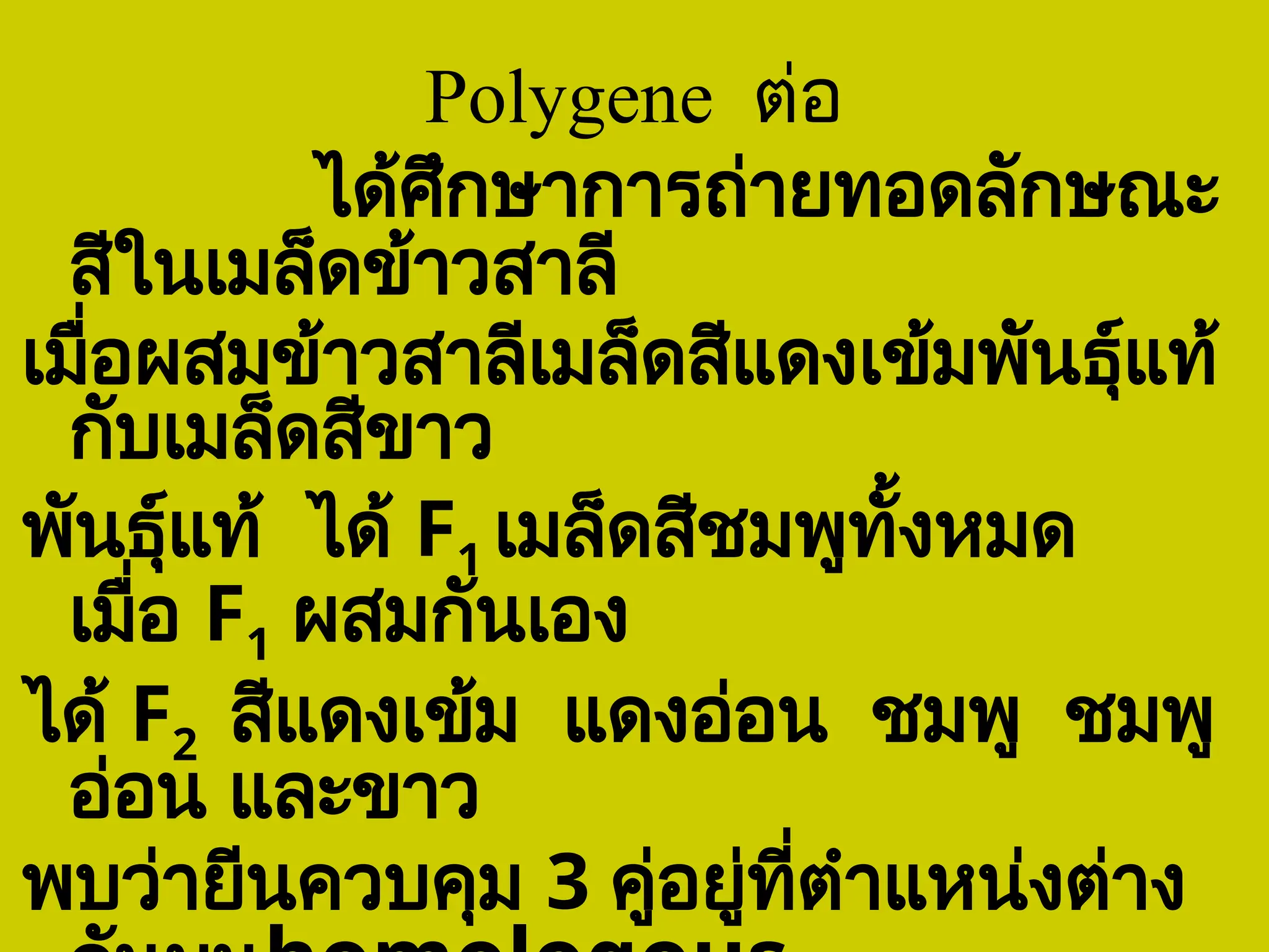 Polygene ต่อ
ได้ศึกษาการถ่ายทอดลักษณะ
สีในเมล็ดข้าวสาลี
เมื่อผสมข้าวสาลีเมล็ดสีแดงเข้มพันธุ์แท้
กับเมล็ดสีขาว
พันธุ์แท้ ได้ F1 เมล็ดสีชมพูทั้งหมด
เมื่อ F1 ผสมกันเอง
ได้ F2 สีแดงเข้ม แดงอ่อน ชมพู ชมพู
อ่อน และขาว
พบว่ายีนควบคุม 3 คู่อยู่ที่ตำแหน่งต่าง
 