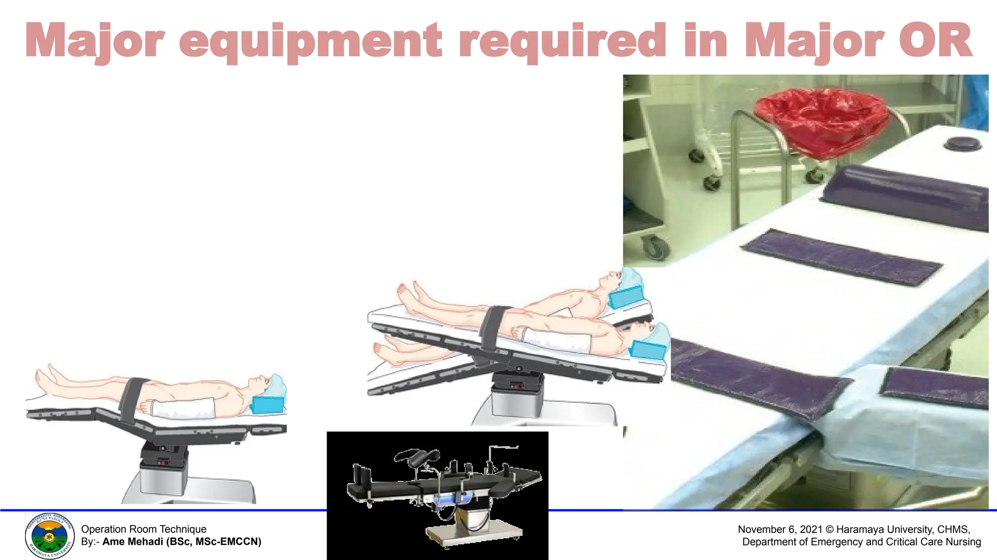November 6, 2021 © Haramaya University, CHMS,
Department of Emergency and Critical Care Nursing
Operation Room Technique
By:- Ame Mehadi (BSc, MSc-EMCCN)
Major equipment required in Major OR
 