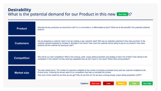 Desirability
What is the potential demand for our Product in this new Market?
Product
Customers
Competition
Market size
Describe the key product(s) we would like to sell? Is it a commodity or a differentiated product? What are its Key benefits? Any potential substitute
product?
Are we answering a customer need or are we creating a new customer need? Who are our potential customers? How many are they? Is the
customer demand expected to increase or decrease in the future? How much the customer will be willing to pay for our product? How many
products will the customer be buying per year?
Who will be our main competitors? What is the revenue, profit, unique selling proposition and strategy of each one of them? How intense is the
competition in this market? Do they have key capabilities that we don’t have or vice versa? What’s their pricing position?
The total market size is: The number of customers multiplied by the number of products purchased every year per customer multiplied by the
Product price. Checking the annual report of our competitors may help us calculate this number.
How much of this market do we think we can get? Why do we think so? Do we have a strong enough unique selling proposition (USP)?
Very Low Low Medium High Very High
Caption:
Very High
21
 