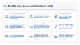 Key Benefits of our Business & Consulting Toolkits
3
Improve the growth & efficiency of
your organization by leveraging
Business & Consulting Toolkits
created by ex-McKinsey, Deloitte &
BCG Consultants.
It cost us $500k+ to create all our
Business & Consulting Toolkits. Get
them for a fraction of this cost.
It’s like hiring Management
Consultants to create all the
practical Frameworks, Tools &
Templates required to get a
competitive advantage.
Get the job done quicker and never
start from scratch again with our
ready-made & fully editable
Frameworks, Tools & Templates in
Powerpoint & Excel.
We have worked 20,000+ hours
over the past 5 years to create the
world’s best Business & Consulting
Toolkits. Don’t reinvent the wheel.
Download now.
Improve your skills & capabilities
and meet your professional goals by
learning how the Fortune 100 and
Global Consulting Firms do it.
Get free support and advice from
our ex-McKinsey, Deloitte & BCG
Management Consultants.
Hiring top-tier Consultants for a
management consulting project
would cost you $300k+. A lot more
expensive than purchasing our
Toolkits.
Impress your stakeholders and
become your organization’s subject
matter expert with world-class
approaches to resolve common
business problems.
 