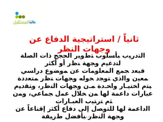 ‫الناقد‬ ‫التفكير‬ ‫مهارة‬
‫عن‬ ‫الدفاع‬ ‫استراتيجية‬ / ً‫ثانيا‬
‫النظر‬ ‫وجهات‬
‫ﺍﻟﺼﻠﺔ‬ ‫ﺫﺍﺕ‬ ‫ﺍﻟﺤﺠﺞ‬ ‫ﺘﻁﻭﻴﺭ‬ ‫ﺒﺄﺴﻠﻭﺏ‬ ‫ﺍﻟﺘﺩﺭﻴﺏ‬
‫ﺃﻜﺜﺭ‬ ‫ﺃﻭ‬ ‫ﻨﻅﺭ‬ ‫ﻭﺠﻬﺔ‬ ‫ﻟﺘﺩﻋﻴﻡ‬
‫ﺩﺭﺍﺴﻲ‬ ‫ﻤﻭﻀﻭﻉ‬ ‫ﻋﻥ‬ ‫ﺍﻟﻤﻌﻠﻭﻤﺎﺕ‬ ‫ﺠﻤﻊ‬ ‫ﻓﺒﻌﺩ‬
‫ﻤﺘﻌﺩﺩﺓ‬ ‫ﻨﻅﺭ‬ ‫ﻭﺠﻬﺎﺕ‬ ‫ﺤﻭﻟﻪ‬ ‫ﺘﻭﺠﺩ‬ ‫ﻭﺍﻟﺫﻱ‬ ‫ﻤﻌﻴﻥ‬
‫ﻭﺘﻘﺩﻴﻡ‬ ،‫ﺍﻟﻨﻅﺭ‬ ‫ﻭﺠﻬﺎﺕ‬ ‫ﻤـﻥ‬ ‫ﻭﺍﺤـﺩﺓ‬ ‫ﺍﺨﺘﻴـﺎﺭ‬ ‫ﻴﺘﻡ‬
‫ﻭﻤﻥ‬ ،‫ﺠﻤﺎﻋﻲ‬ ‫ﻋﻤل‬ ‫ﺨﻼل‬ ‫ﻤﻥ‬ ‫ﻟﻬﺎ‬ ‫ﺩﺍﻋﻤﺔ‬ ‫ﻋﺒﺎﺭﺍﺕ‬
‫ﺍﻟﻌﺒـﺎﺭﺍﺕ‬ ‫ﺘﺭﺘﻴﺏ‬ ‫ﺜﻡ‬
‫ﻋﻥ‬ ً‫ﺇﻗﻨﺎﻋﺎ‬ ‫ﺃﻜﺜﺭ‬ ‫ﺩﻓﺎﻉ‬ ‫ﺇﻟﻰ‬ ‫ﻟﻠﺘﻭﺼل‬ ‫ﻟﻬﺎ‬ ‫ﺍﻟﺩﺍﻋﻤﺔ‬
‫ﻁﺭﻴﻘﺔ‬ ‫ﺒﺄﻓﻀل‬ ‫ﺍﻟﻨﻅﺭ‬ ‫ﻭﺠﻬﺔ‬
 