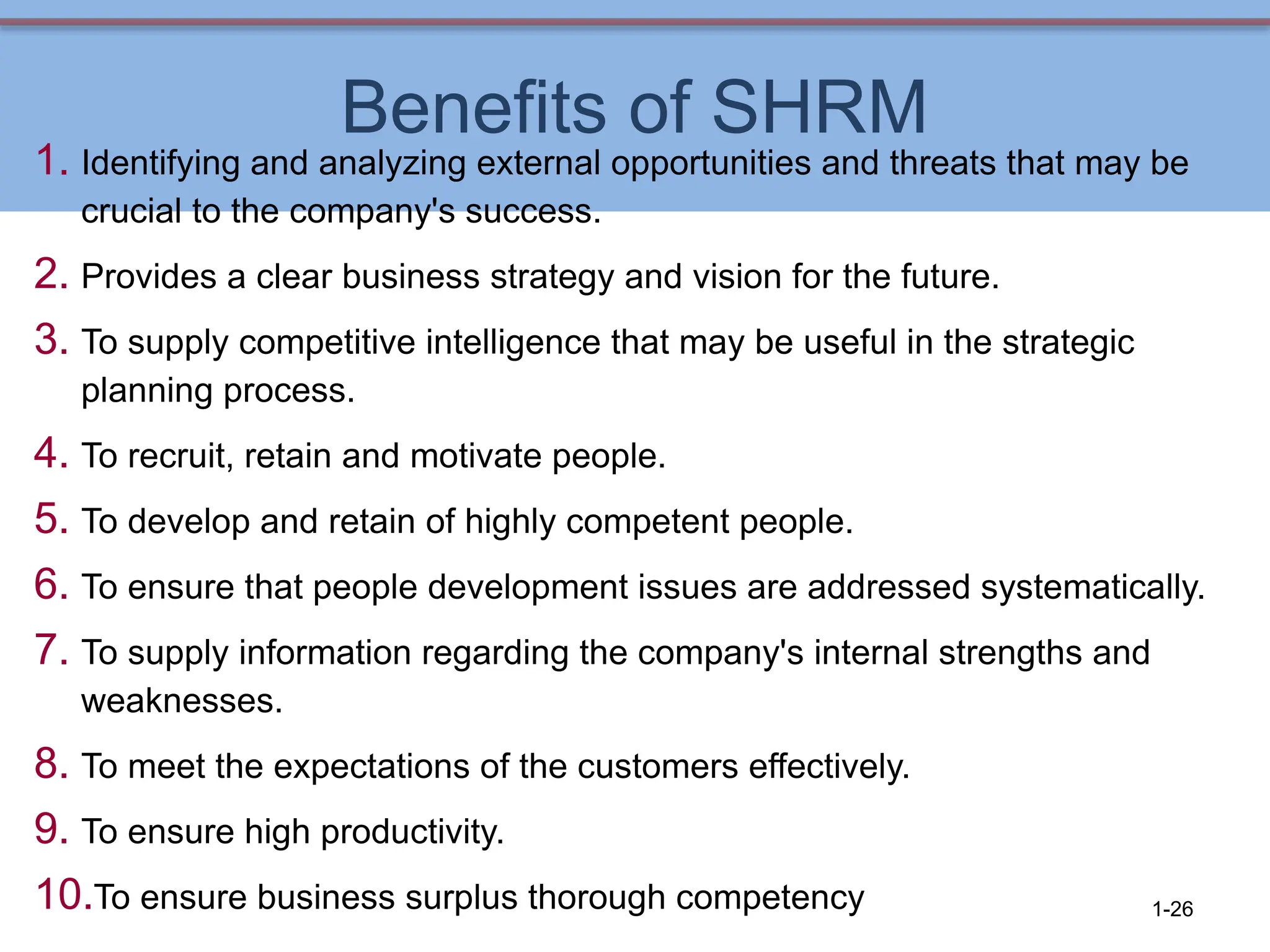 Benefits of SHRM
1. Identifying and analyzing external opportunities and threats that may be
crucial to the company's success.
2. Provides a clear business strategy and vision for the future.
3. To supply competitive intelligence that may be useful in the strategic
planning process.
4. To recruit, retain and motivate people.
5. To develop and retain of highly competent people.
6. To ensure that people development issues are addressed systematically.
7. To supply information regarding the company's internal strengths and
weaknesses.
8. To meet the expectations of the customers effectively.
9. To ensure high productivity.
10.To ensure business surplus thorough competency 1-26
 