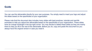 3
Company Name
Guide
You can use this deliverable directly for your own purposes. You simply need to insert your logo and adjust
the slides based on the specificities of your organization.
Please note that this document also includes many slides with best practices, tutorials and real-life
examples to help you adjust this deliverable based on the specificities of your organization. These slides
have an orange rectangle in the top-right corner. You may decide to delete these slides as they are mainly
there to help you fill in the rest of the deliverable. Before you do, copy and paste this document so you
always have the original version in case you need it.
 