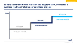 45
Company Name
To have a clear short-term, mid-term and long-term view, we created a
business roadmap including our prioritized projects
Additional version
Value
Time
Horizon 1
Horizon 2
Horizon 3
Insert your own text
Insert your own text
Insert your own text
 