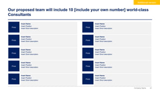 61
Company Name
Our proposed team will include 10 [include your own number] world-class
Consultants
Additional version
Insert Name
Insert Position
Insert Short description
Insert Name
Insert Position
Insert Short description
Photo Photo
Insert Name
Insert Position
Insert Short description
Insert Name
Insert Position
Insert Short description
Photo Photo
Insert Name
Insert Position
Insert Short description
Insert Name
Insert Position
Insert Short description
Photo Photo
Insert Name
Insert Position
Insert Short description
Photo Photo
Insert Name
Insert Position
Insert Short description
Insert Name
Insert Position
Insert Short description
Photo Photo
Insert Name
Insert Position
Insert Short description
 