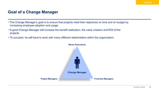 66
Company Name
Goal of a Change Manager
• The Change Manager’s goal is to ensure that projects meet their objectives on time and on budget by
increasing employee adoption and usage
• A good Change Manager will increase the benefit realization, the value creation and ROI of the
projects
• To succeed, he will have to work with many different stakeholders within the organization:
Change Manager
Senior Executives
Front-line Managers
Project Managers
Tutorial
 