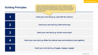71
Company Name
Guiding Principles
1 Insert your own text (e.g. Lead with the culture;)
2 Insert your own text (e.g. Start at the top)
3 Insert your own text (e.g. Involve every layer)
4 Insert your own text (e.g. Make the rational case and emotional case together)
5 Insert your own text (e.g. Engage, engage, engage)
Another example of guiding principle commonly used is: Identifying “Change
champions” within each key stakeholder group. These “Change Champions” are
usually good employees who embrace change. They are not part of the Change
team. But they play a role of relay between the Change team and the different
stakeholder groups
Real-life example
 
