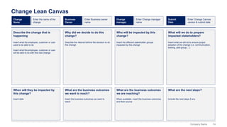 74
Company Name
Change Lean Canvas
Describe the change that is
happening
Why did we decide to do this
change?
Who will be impacted by this
change?
What will we do to prepare
impacted stakeholders?
When will they be impacted by
this change?
What are the business outcomes
we want to reach?
What are the business outcomes
we are reaching?
What are the next steps?
Enter the name of the
change
Change
Name
Enter Business owner
name
Business
Owner
Enter Change manager
name
Change
manager
Insert what the employee, customer or user
used to be able to do
Insert what the employee, customer or user
will be able to do with this new change
Insert the different stakeholder groups
impacted by this change
Describe the rational behind the decision to do
this change
Insert date
Insert what we will do to ensure proper
adoption of the change (i.e. communication,
training, pilot group,…)
Insert the business outcomes we want to
reach
When available, insert the business outcomes
and their source
Include the next steps if any
Enter Change Canvas
version & submit date
Submit
Date
 