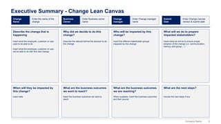 8
Company Name
Executive Summary - Change Lean Canvas
Describe the change that is
happening
Why did we decide to do this
change?
Who will be impacted by this
change?
What will we do to prepare
impacted stakeholders?
When will they be impacted by
this change?
What are the business outcomes
we want to reach?
What are the business outcomes
we are reaching?
What are the next steps?
Enter the name of the
change
Change
Name
Enter Business owner
name
Business
Owner
Enter Change manager
name
Change
manager
Insert what the employee, customer or user
used to be able to do
Insert what the employee, customer or user
will be able to do with this new change
Insert the different stakeholder groups
impacted by this change
Describe the rational behind the decision to do
this change
Insert date
Insert what we will do to ensure proper
adoption of the change (i.e. communication,
training, pilot group,…)
Insert the business outcomes we want to
reach
When available, insert the business outcomes
and their source
Include the next steps if any
Enter Change Canvas
version & submit date
Submit
Date
 