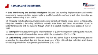 4 DAMA and the DMBOK
9. Data Warehousing and Business Intelligence includes the planning, implementation and control
processes to manage decision support data to enable knowledge workers to get value from data via
analysis and reporting. (Ch 11 – 10%)
10. Metadata includes planning, implementation and control activities to enable access to high quality,
integrated Metadata, including definitions, models, data flows and other information critical to
understanding data and the systems through which it is created, maintained and accessed. (Ch 12 –
11%)
11. Data Quality includes planning and implementation of quality management techniques to measure,
assess and improve the fitness of data for use within the organisation. (Ch 13 – 11%)
12. Data Handling Ethics describes the central role that data ethics plays in making informed, socially
responsible decisions about data and its uses. Awareness of the ethics of data collection, analysis and
use should guide all data management professionals. (Ch 2 – 2%)
 