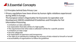 3.Essential Concepts
3.2 Principles behind Data Privacy Law
• Privacy regulations have been driven by human rights violations experienced
during WW2 in Europe.
The European Union’s Organisation for Economic Co-operation and
Development (OECD) established 8 Guidelines and Principles for Fair
Information Processing.
• Limitations on data collection
• An expectation that data will be of a high quality
• The requirement that when data is collected it will be for a specific purpose
• Limitations on data usage
• Security safeguards
• An expectation of openness and transparency
• The right of an individual to challenge the accuracy of data related to himself or herself
• Accountability of organizations to follow the guidelines
 
