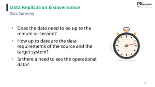 97
• Does the data need to be up to the
minute or second?
• How up to date are the data
requirements of the source and the
target system?
• Is there a need to see the operational
data?
9
7
Data Replication & Governance
Data Currency
 