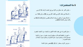 ‫المحاضرات‬ ‫قاعة‬
–
‫الواحد‬ ‫الصف‬ ‫في‬ ‫الكراسي‬ ‫من‬ ‫ممكن‬ ‫عدد‬ ‫أكبر‬ ‫يكون‬
14
‫كرسي‬
.
–
‫من‬ ‫الكرسي‬ ‫لخلف‬ ‫الكرسي‬ ‫خلف‬ ‫بين‬ ‫المسافة‬
80
‫إلى‬ ‫سم‬
144
‫سم‬
.
–
‫للقائمة‬ ‫ارتفاع‬ ‫بأقصى‬ ‫الساللم‬ ‫درجات‬ ‫تكون‬ ‫أن‬ ‫يجب‬ ‫الساللم‬
18.5
‫سم‬
‫للنائمة‬ ‫عرض‬ ‫وأقل‬
26.5
‫سم‬
.
–
‫المقعرة‬ ‫األسقف‬ ‫عن‬ ‫واالبتعاد‬ ‫الكبيرة‬ ‫القاعة‬ ‫سقف‬ ‫في‬ ‫تكسيرات‬ ‫عمل‬
.
–
‫مقعرة‬ ‫وليست‬ ‫مستقيمة‬ ‫للصاالت‬ ‫الخلفية‬ ‫الجدران‬
.
–
‫القاعة‬ ‫جدران‬
‫أو‬ ‫مشتتة‬ ‫بمواد‬ ‫ومكسوة‬ ‫للصوت‬ ‫عازلة‬ ‫بمواد‬ ‫ومحشوة‬ ،‫تماما‬ ‫مصمتة‬
‫للصوت‬ ‫ماصة‬
.
–
‫بمقدار‬ ‫األبواب‬ ‫عرض‬
1
‫لكل‬ ‫م‬
60
‫شخص‬
‫داخل‬
‫القاعة‬
 
