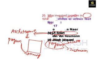 20. Who invented Logar¡țĘim in
1614?
1614 ô
17
o n Naer
(b) j.P
. Eckert
ohn V
on Neumann
(d) J
oseph jacquard
 