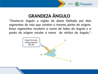 GRANDEZA ÂNGULO
“Chama-se ângulo a região do plano limitada por dois
segmentos de reta que contém o mesmo ponto de origem.
Esses segmentos recebem o nome de lados do ângulo e o
ponto de origem recebe o nome de vértice do ângulo.”1
A
B
C
Ângulo formado
pelas semirretas
AB e BC
 