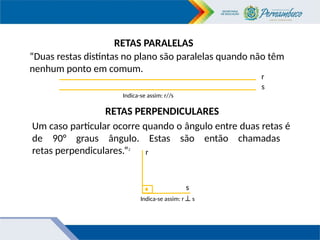 RETAS PARALELAS
“Duas restas distintas no plano são paralelas quando não têm
nenhum ponto em comum.
r
s
Indica-se assim: r//s
Um caso particular ocorre quando o ângulo entre duas retas é
de 90° graus ângulo. Estas são então chamadas
retas perpendiculares.”2
Indica-se assim: r s
RETAS PERPENDICULARES
r
s
 
