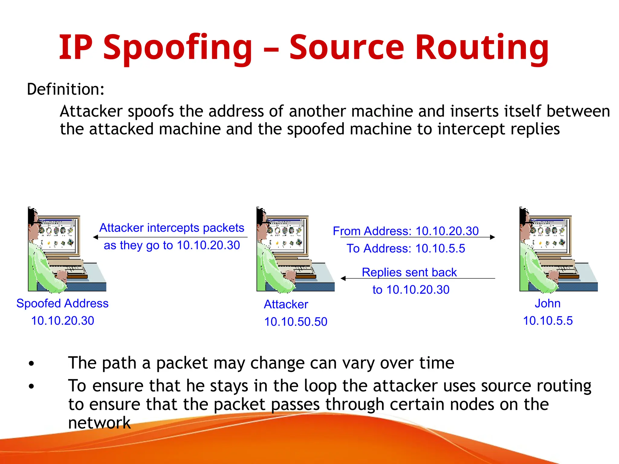 Definition:
Attacker spoofs the address of another machine and inserts itself between
the attacked machine and the spoofed machine to intercept replies
IP Spoofing – Source Routing
Replies sent back
to 10.10.20.30
Spoofed Address
10.10.20.30
Attacker
10.10.50.50
John
10.10.5.5
From Address: 10.10.20.30
To Address: 10.10.5.5
• The path a packet may change can vary over time
• To ensure that he stays in the loop the attacker uses source routing
to ensure that the packet passes through certain nodes on the
network
Attacker intercepts packets
as they go to 10.10.20.30
 