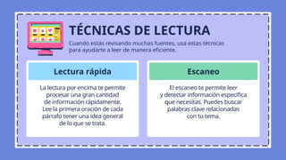 La lectura por encima te permite
procesar una gran cantidad
de información rápidamente.
Lee la primera oración de cada
párrafo tener una idea general
de lo que se trata.
Lectura rápida Escaneo
El escaneo te permite leer
y detectar información específica
que necesitas. Puedes buscar
palabras clave relacionadas
con tu tema.
TÉCNICAS DE LECTURA
Cuando estás revisando muchas fuentes, usa estas técnicas
para ayudarte a leer de manera eficiente.
 