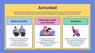 Actividad
Elige uno de los siguientes temas y lee las indicaciones. Reúne fuentes y anota la información que
responda a las indicaciones, en función de las habilidades de investigación que has aprendido.
Ciberseguridad
y privacidad
Redes sociales Robótica
Investiga la importancia
de la ciberseguridad
y su relevancia en la protección de
la información personal
y confidencial.
Explora cómo las plataformas
de redes sociales influyen
en la comunicación,
el comportamiento y la salud
mental en la sociedad actual.
Explora las ventajas y desventajas
de la robótica en diferentes
industrias, como la atención
médica, la fabricación
o el transporte.
 