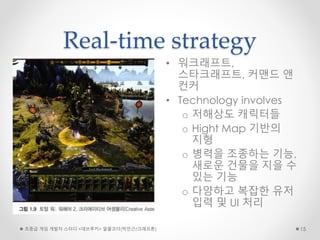 Real-time strategy
• 워크래프트,
스타크래프트, 커맨드 앤
컨커
• Technology involves
o 저해상도 캐릭터들
o Hight Map 기반의
지형
o 병력을 조종하는 기능,
새로운 건물을 지을 수
있는 기능
o 다양하고 복잡한 유저
입력 및 UI 처리
초중급 게임 개발자 스터디 <데브루키> 알콜코더(박민근/크래프톤) 15
 