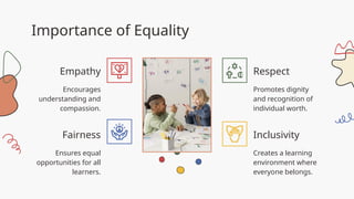 Importance of Equality
Encourages
understanding and
compassion.
Promotes dignity
and recognition of
individual worth.
Ensures equal
opportunities for all
learners.
Creates a learning
environment where
everyone belongs.
Empathy
Fairness
Respect
Inclusivity
 