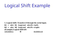 Logical Shift Example
1. Logical shift: Transfers 0 through the serial input.
R1 shl R1 Logical shift-left
R2 shr R2 Logical shift-right
(Example) Logical shift-left
10100011  01000110
 