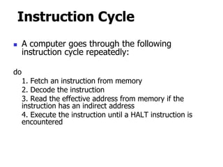 Instruction Cycle
 A computer goes through the following
instruction cycle repeatedly:
do
1. Fetch an instruction from memory
2. Decode the instruction
3. Read the effective address from memory if the
instruction has an indirect address
4. Execute the instruction until a HALT instruction is
encountered
 
