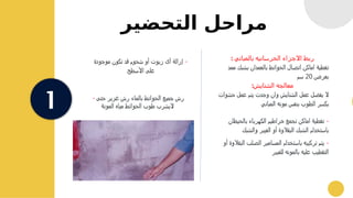 ‫التحضير‬ ‫مراحل‬
1
: ‫بالمباني‬ ‫الخرسانيه‬ ‫االجزاء‬ ‫ربط‬
‫ممد‬ ‫بشبك‬ ‫بالعمدان‬ ‫الحوائط‬ ‫اتصال‬ ‫اماكن‬ ‫تغطية‬
‫بعرض‬
20
‫سم‬
:‫الشنايش‬ ‫معالجه‬
‫حشوات‬ ‫عمل‬ ‫يتم‬ ‫وجدت‬ ‫وان‬ ‫الشنايش‬ ‫عمل‬ ‫يفضل‬ ‫ال‬
‫المباني‬ ‫مونه‬ ‫بنفس‬ ‫الطوب‬ ‫بكسر‬
-
‫بالحيطان‬ ‫الكهرباء‬ ‫خراطيم‬ ‫تجمع‬ ‫اماكن‬ ‫تغطية‬
‫والشبك‬ ‫الفيبر‬ ‫أو‬ ‫البقالوة‬ ‫الشبك‬ ‫باستخدام‬
-
‫أو‬ ‫البقالوة‬ ‫الصلب‬ ‫المسامير‬ ‫باستخدام‬ ‫تركيبه‬ ‫يتم‬
‫للفيبر‬ ‫بالمونه‬ ‫عليه‬ ‫التقطيب‬
-
‫موجودة‬ ‫تكون‬ ‫قد‬ ‫شحوم‬ ‫أو‬ ‫زيوت‬ ‫أى‬ ‫إزالة‬
‫األسطح‬ ‫على‬
- ‫حتى‬ ‫غزير‬ ‫رش‬ ‫بالماء‬ ‫الحوائط‬ ‫جميع‬ ‫رش‬
‫المونة‬ ‫مياه‬ ‫الحوائط‬ ‫طوب‬ ‫اليشرب‬
 