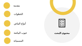 ‫البحث‬ ‫محتوى‬
‫مقدمة‬
‫البياض‬ ‫أنواع‬
‫البياضة‬ ‫عيوب‬
‫الخطوات‬
‫المسمياتة‬
 