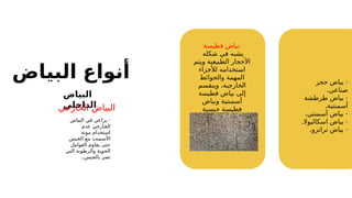 ‫البياض‬ ‫أنواع‬
‫البياض‬
‫الداخلي‬
‫الخارجي‬ ‫البياض‬
‫فطيسة‬ ‫بياض‬:
‫شكله‬ ‫في‬ ‫يشبه‬
‫ويتم‬ ‫الطبيعية‬ ‫األحجار‬
‫لألجزاء‬ ‫استخدامه‬
‫والحوائط‬ ‫المهمة‬
‫وينقسم‬ ،‫الخارجية‬
‫فطيسة‬ ‫بياض‬ ‫إلى‬
‫وبياض‬ ‫أسمنتية‬
‫جبسية‬ ‫فطيسة‬
-
‫البياض‬ ‫في‬ ‫يراعي‬
‫عدم‬ ‫ارجي‬3
‫خ‬‫ال‬
‫مونة‬ ‫استخدام‬
‫الجبس‬ ‫مع‬ ‫األسمنت‬
‫العوامل‬ ‫يقاوم‬ ‫حتى‬
‫التي‬ ‫والرطوبة‬ ‫الجوية‬
..‫بالجبس‬ ‫تضر‬
-
‫حجر‬ ‫بياض‬
.‫صناعي‬
-
‫طرطشة‬ ‫بياض‬
.‫أسمنتية‬
. -
‫أسمنتي‬ ‫بياض‬
. -
‫اسكاليوال‬ ‫بياض‬
. -
‫تراتزو‬ ‫بياض‬
 